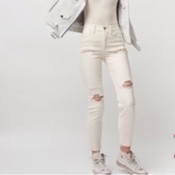 Free People Denim - Free People Lacey Stilt Sz 27 Cream Denim Button Fly Distressed Jeans